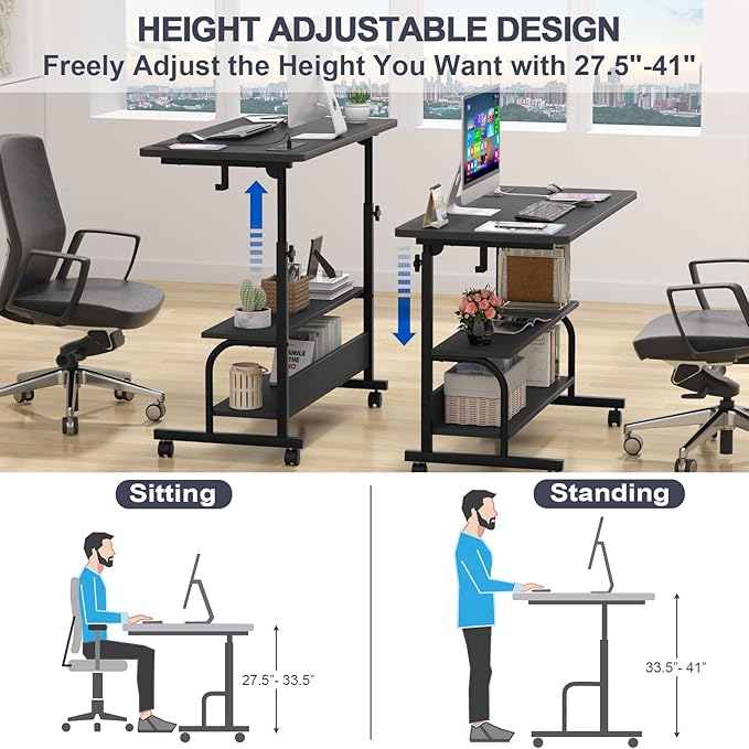 Armocity Rolling Standing Desk with Charging Station, Portable Height Adjustable Mobile Computer Desk with Wheels & 2-Tier Shelves & Hooks, Easy Assembly Laptop Table for Couch Bed, 32" Black