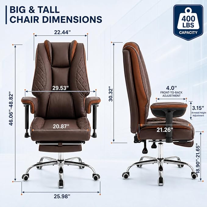 Big and Tall Office Chair，Heavy Duty Wide Executive Office Chair (Brown) | Breathable Leather，Double-layered Backrest，Seat Cushion Designed of Deluxe Embroidery Leather，Foot Rest, Adjustable Armrests