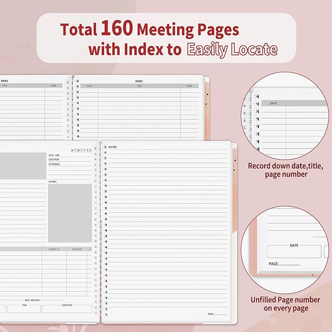 SUNEE Half Meeting Half Note - 8.5"x11" Professional Notebooks for Work - 160 Pages, A4 Size Project Planner, Spiral Meeting Agenda/Minutes Organizer for Women Men, Note Taking, Office & Business