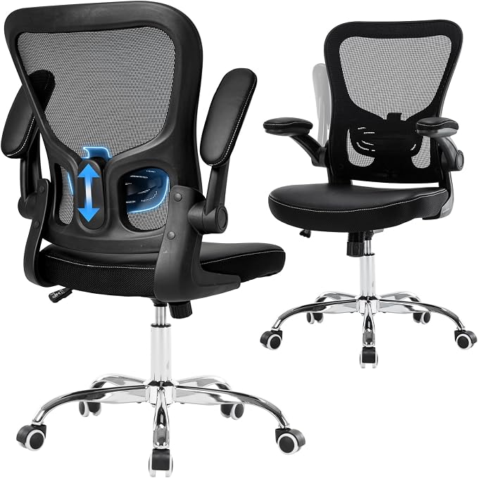 Ergonomic Office Chair Adjustable PU Leather Computer Chair with Lumbar Support,Flip-Up Arms, Breathable Mesh Back, Swivel Rolling Executive Desk Chair for Home Office, Black