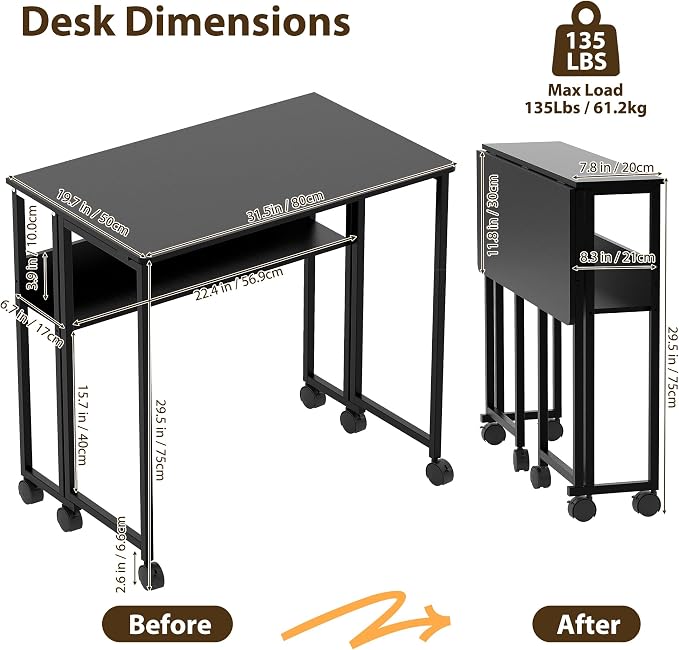 Garvee Folding Desk Small Rolling Desk with Storage Shelf,31.5 Inch Foldable Computer Table for Small Spaces, Space Saving Sofa Table with Wheels for Home Office, Study, Easy Assembly, Black