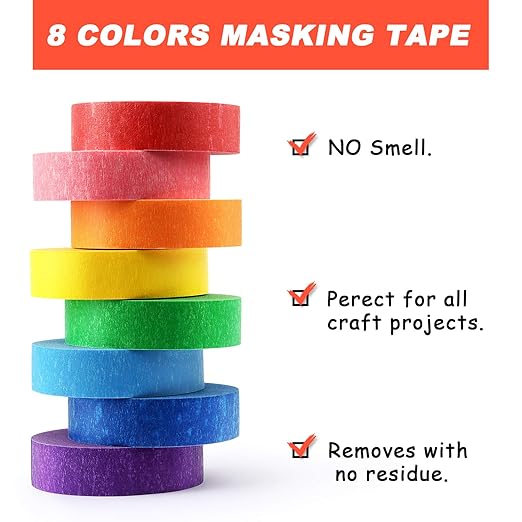 Hutou 8 Rolls Colored Masking Tape Rainbow Colors Painters Tape Colorful Craft Art Paper Tape Labeling Arts Crafts Decorative Coding Decoration Supplies, 0.6 Inch x 16 Yard, 8 Colors