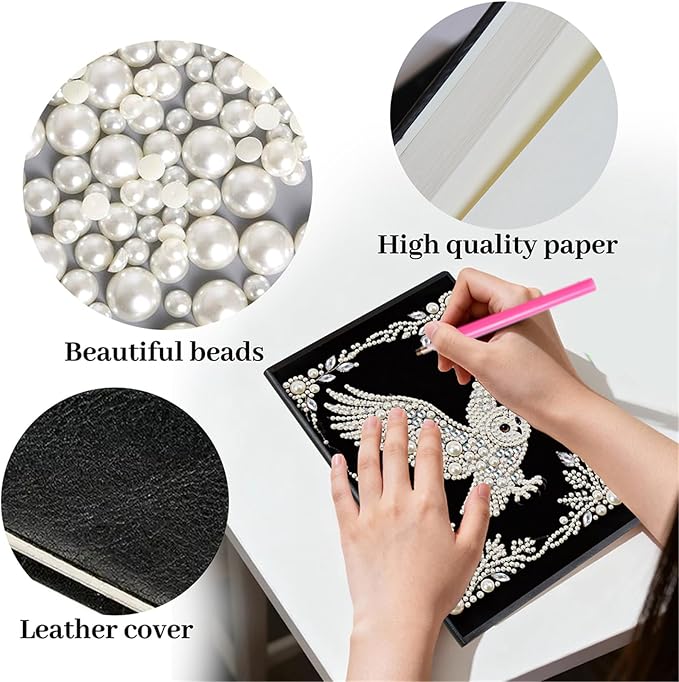 FRANDEK Pearl Painting Notebook Kit, Black and White Owl A5 DIY Journal with 50 Blank Pages, Diamond Gem Art Cover with Waterproof Canvas, Beginner Craft Set with Full Tools for Adults