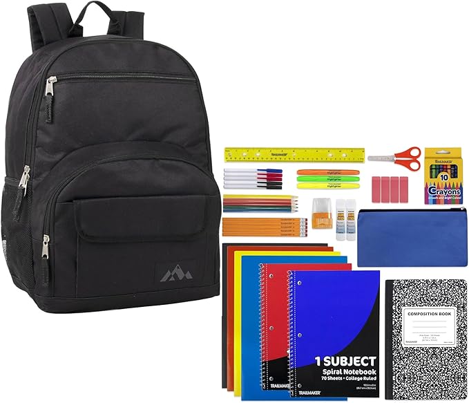 Trail maker Laptop Backpack with School Supplies Kit | 18 Inch Black Multi Pocket Padded Straps, Side Pockets for School Boys, Girls, Travel