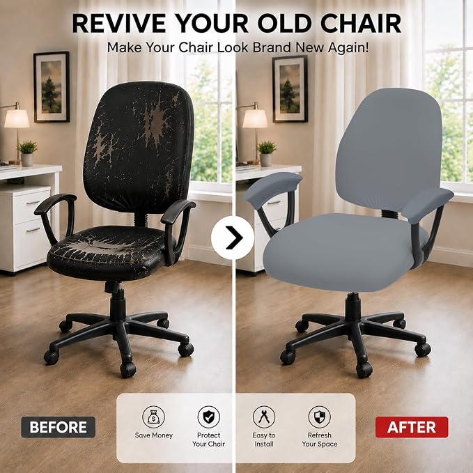 Super Stretchable Separate Office Chair Seat Covers - Universal Spandex Computer Chair Slipcover - Rotating Backrest Coverings & Cushion Protectors & Armrest Covers for Dogs, Cats, Pets, Mid Gray