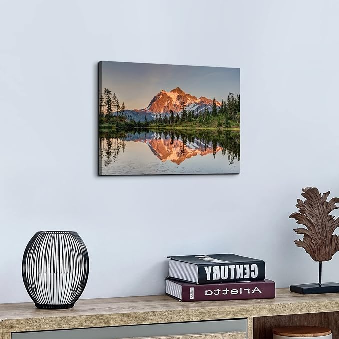 Mt Baker Mountain Wall Art Sunset Forest Landscape Wall Decor Nature Mount Shuksan Picture Canvas Prints National Parks Posters Lake Reflection Painting Artwork for Bedroom Office Decorations 16x24"