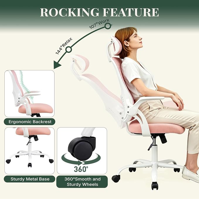 Ergonomic Office Chair, Desk Chair Comfy with Wheels, Adjustable Headrests, Small Office Chair with arms, Breathable Mesh High-Back, Comfortable Swivel Seating for Home Office, Pink