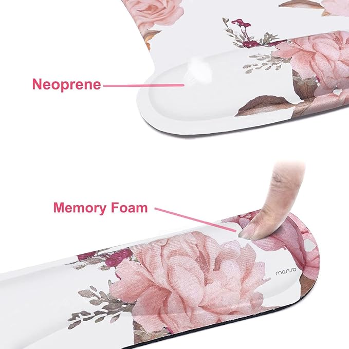 MOSISO Wrist Rest Support for Mouse Pad & Keyboard Set, Peony Ergonomic Mousepad Non-Slip Base Home/Office Pain Relief & Easy Typing Cushion with Neoprene Cloth & Raised Memory Foam, White