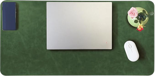Leather Desk Mat, 31.5"x15.7" Non-Slip PU Leather Desk Pad, 2mm Thick Desk Blotter with Stiched line, Retro Large Mouse Pad, Laptop Pad for Office & Home Use (Retro Green)