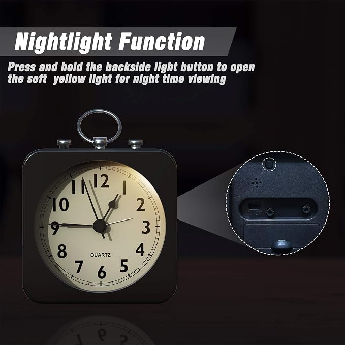 AYRELY® Small Metal Alarm Clock, Desk and Table Clock for Travel | Battery Operated Retro Silent Clock with Light for Bedroom, Bedside, Shelf and Living Room Decor (Black)