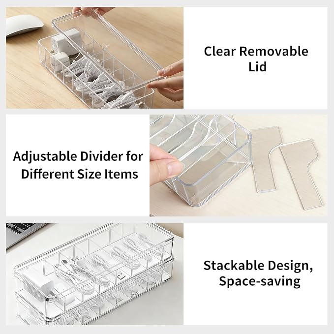 Cable Organizer Storage Box with Lid - Clear Phone Charger Cord Organizer Case - Cables Wire Management Box with Adjustable Compartments 10 Wire Ties for Drawer Desk Office Home Accessories(1 pack)