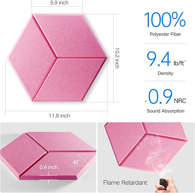 22 Pack Self-Adhesive Acoustic Panels 12" X 10" X 0.4" - Sound Proof Foam Panels with High Density, Y-Lined Design, Flame Resistant, Absorb Noise and Eliminate Echoes(Pink)