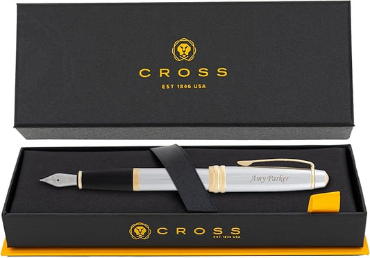 Cross Bailey Medalist Engraved Fountain Pen, Chrome with 23K Gold Trim, Stainless Steel Medium Nib, Personalized Gift for Graduation, Career Advancement, Retirement, Bar Passage, Cross Gift Box