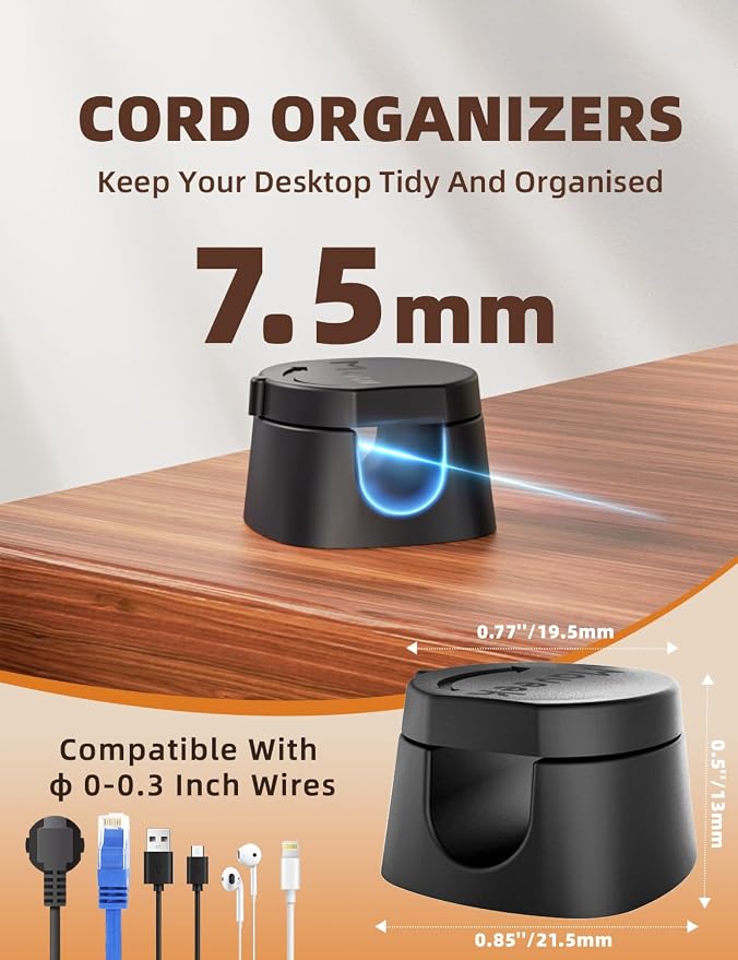 Cord Clips for Desk, Maveek 360° Rotating Charger Cord Organizer Magnetic Closure Desktop Cable Management, Cell Phone Cord Holder for Nightstand, Wall, Desk and Car (9-Pack, Black)