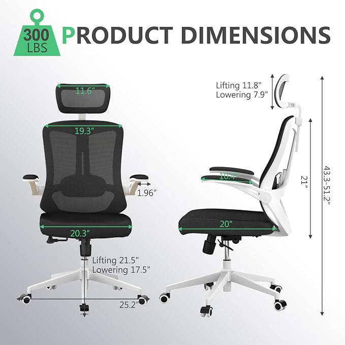 Multifunctional Ergonomic Office Chair—Features an Adjustable headrest, Reclining backrest, and Lumbar Support; Suitable for Home Offices, workplaces, and Dorm Rooms (Black with White Frame)