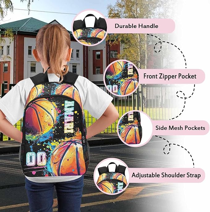 Personalized Colorful Basketball Backpack with Name Back to School Supplies Bookbag for Kids Boys Custom Balls Player Schoolbag and Water Bottle Cup&Pencil Pouch School Backpacks with Lunch Box Set