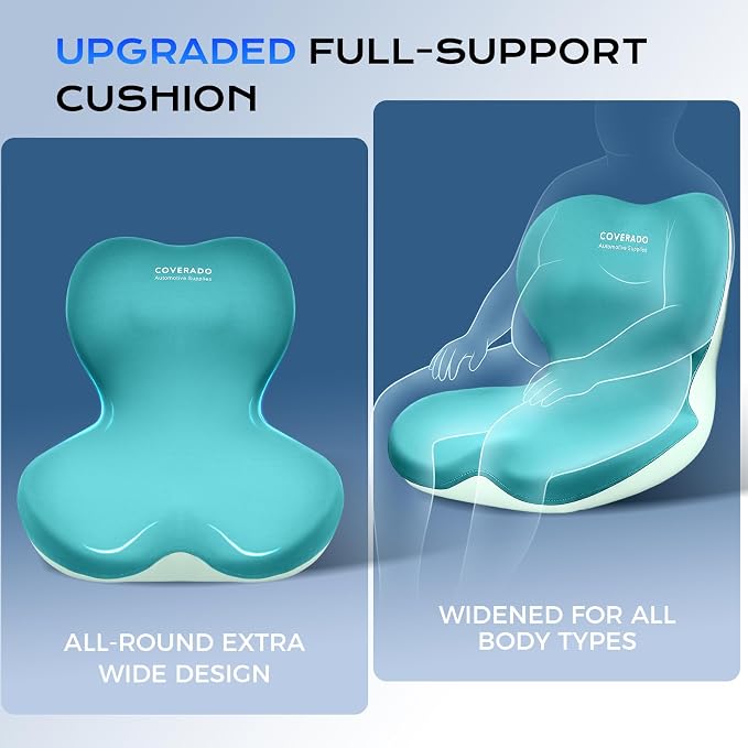Coverado Car Seat Cushion and Lumbar Support Pillow One Piece, Memory Foam Ergonomic Back Support Driving Seat Cushion for Back Pain, Non-Slip Washable Cushion for Car, Driver, Office