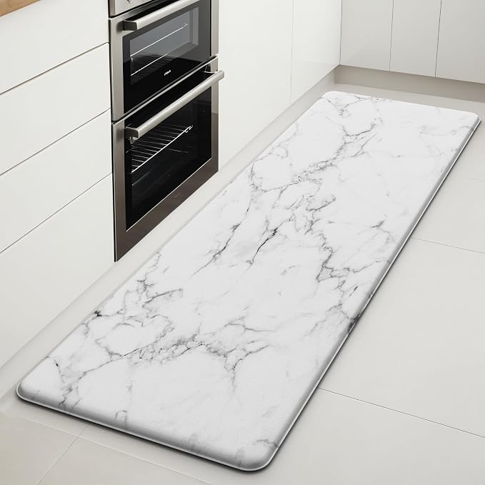 Marble White Kitchen Mats for Floor, Long Cushioned Anti Fatigue | Extra Long Coverage,Cushioned Comfort,Non-Slip Backing,Waterproof Surface,Soft Underfoot,Easy Clean,Kitchen Island