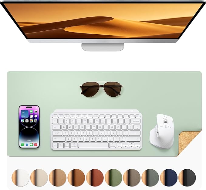 Aothia Double-Sided Desk Pad – 25.6"x13.7" Large Mouse Pad, Leather Desk Mat with Eco Cork Protector, Waterproof Desk Blotter for Office/Home (Aqua)