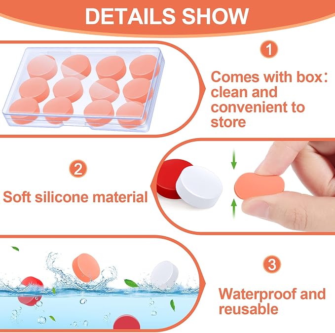 Frienda 36 Pair Ear Plug for Sleeping Reusable Moldable Wax Silicone Earplug 27db Gel Noise Cancelling Earplug with Case Waterproof Ear Protection for Swimming Snoring Study Travel(White, Red, Orange)