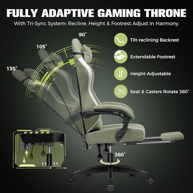 GTPLAYER Big and Tall Gaming Chair 350lbs Heavy Duty Office Chair with Foot Rest, High Back Pocket Spring Ergonomic Computer Chair for Adults, Wide Comfy Seated Cushion with Linkage Armrests, Green
