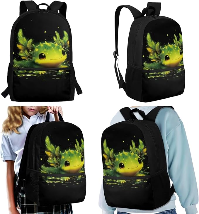 WELLFLYHOM Custom Axolotl 17 Inch School Backpack for Kids 5-6 Girls Kawaii Personalized Book Bag with Lunch Box Pencil Case Water Bottle Case Back to School Supplies