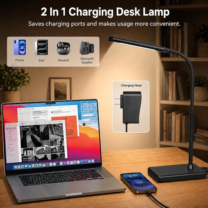 LED Desk Lamp Touch Control Desk Lamp with USB Charging Port 5 Color Modes 6 Brightness Levels Dimmable Eye-Caring Office Lamp with Memory Function 1h Timer Adjustable Neck Table Lamp