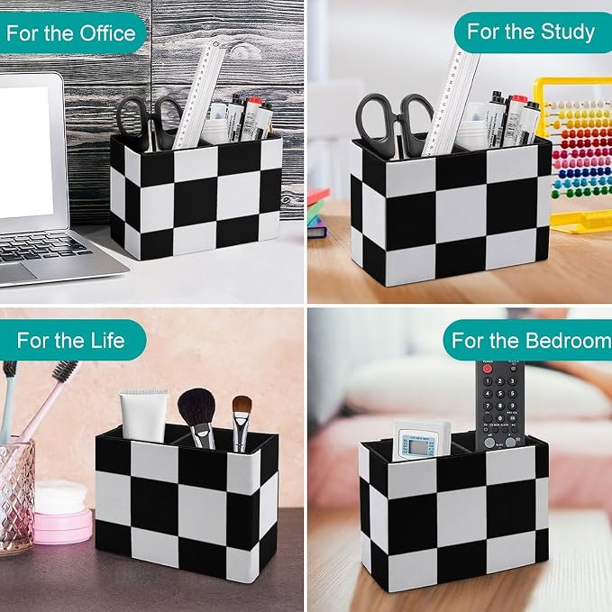 Black And White Grid PU Leather Pen Holder Desk Organizer, 2-Compartment Pencil Container for Office, Home, Vanity Use