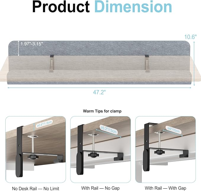 47.2" Under Desk Cable Management Tray, No Drill Cable Organizer for Table | Clamp/Screw Mount Felt Cord Organizer, Hidden Cord & Wire Management, Standing Desk Cable Tray Under Desk for Office, Home