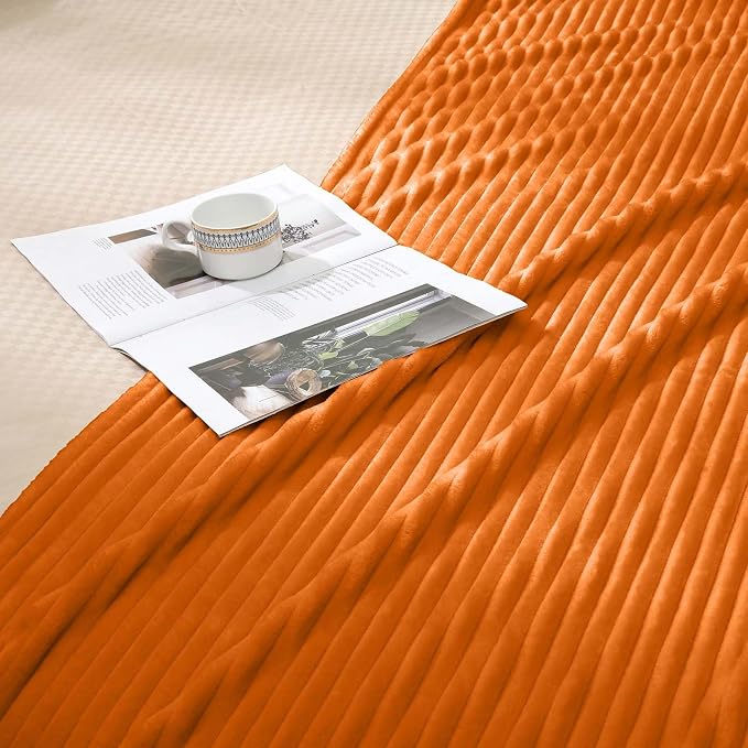 Vessia Flannel Fleece Twin Size Blanket for Bed,Couch,Sofa(60x80inch), 300GSM Microfiber Burnt Orange Striped Bed Blanket for Adults, Super Soft Warm Cozy Lightweight Ribbed Decor for All-Season