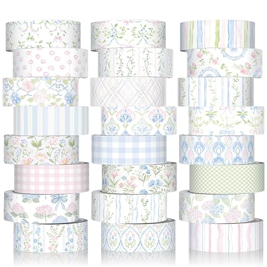 Gueevin 24 Rolls Watercolor Floral Washi Tape Set 15 mm Seasonal Flower Decorative Washi Tape for Craft Arts DIY Scrapbook Journaling Supplies Gift Wrapping(Flower and Bows)