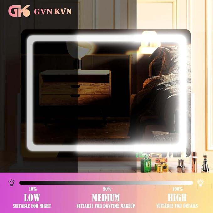 Gvnkvn Makeup Vanity Mirror with USB Charging Port 28" x 22" Large LED Makeup Mirror, Desk Mirorr with Lights, Light up Mirror with 10X Magnification and, Dimmable 3 Modes, Touch Control White