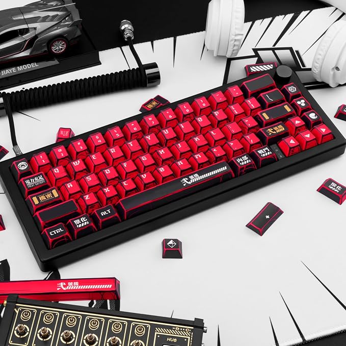 Red and Black PBT Keycaps Set 135 Keys Cherry Profile Manga Japanese Style Keycaps Cherry Mx Gaming Keyboard Keycap Set for ANSI Layout Mechanical Keyboard