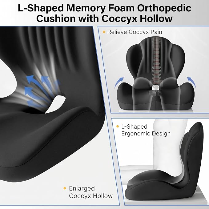 Ergonomic Seat Cushion with Lumbar Support (Black) | Office Chair Seat Cushion, Memory Foam Orthopedic Cushion with Tailbone Hollow, Sciatica & Back Pain Relief for Long Sitting