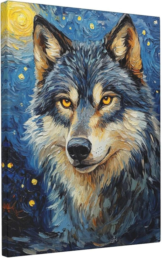 Wolf Starry Night Canvas Wall Art Animal Pictures for Kitchen Living Room Bedroom Bathroom Office,Wolf Abstract Print Wildlife Wolves Painting Home Modern Art Work Framed Wall Art Decor 16" x 12"
