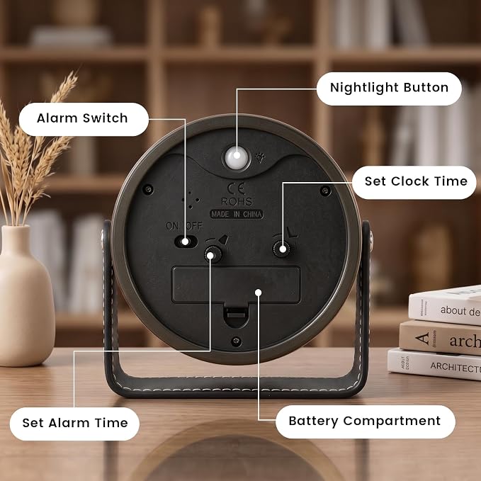 Analog Alarm Clock - 4.5" Silent Non Ticking Small Clock with Light, Rotatable Stand Metal Desk Clock Battery Operated, Simple Design for Living Room Decor/ Bedroom/Bedside/Shelf (Gold & Black)
