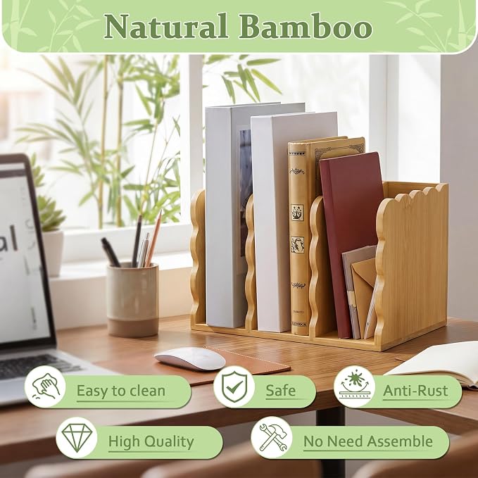 Novabright Scalloped Bamboo File Magazine Holder Desk Organizer, 3 Vertical Compartments Workspace Sorters for Magazines, Binders, Notebooks, Envelopes