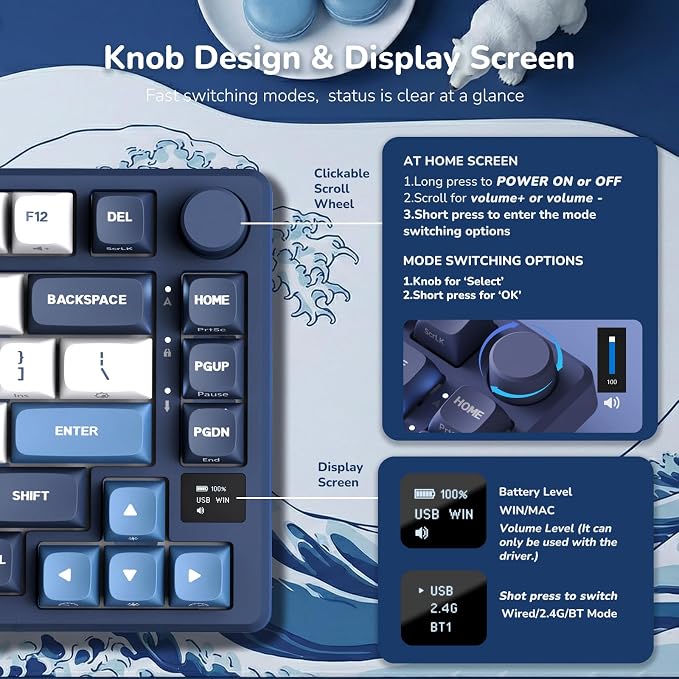 RK ROYAL KLUDGE M75 Wireless Mechanical Keyboard w/Screen and Volume Knob, 2.4G/USB-C/BT Gasket Mounted 75% Gaming Keyboard with 81 Keys, RGB Backlit Hot-Swap Creamy Switch, Blue