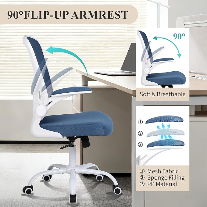 Flysky Mesh Office Chair, Ergonomic Computer Desk Chairs for Home Office - with Comfy/Comfortable Flip-up Arm Rests, Lumbar Support, Height Adjustable, 360 Degree Rolling Swivel (Blue)