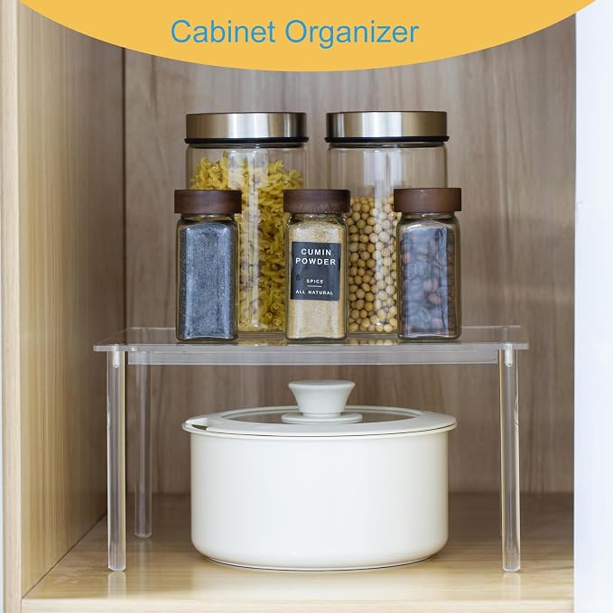 HENABLE 1 Pack Acrylic Cabinet Organizer, Kitchen Countertop Counter Organizer, Clear Spice Rack, Shelf Risers Cabinets for Bathroom, Desk, Dresser Cupboard Organizers and Storage