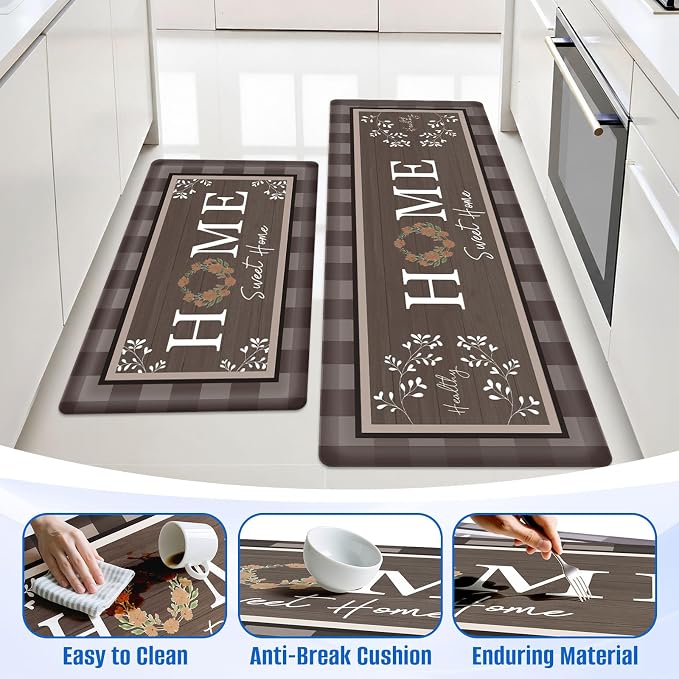 Kitchen Rugs, 2 PCS Kitchen Mats for Floor, Cushioned Non-Slip Anti Fatigue Mats for Kitchen Floor, Kitchen Runner for Standing Desk, Office, Laundry(17.3’’x 30’’+ 17.3’’x 47.2’’, Brown)