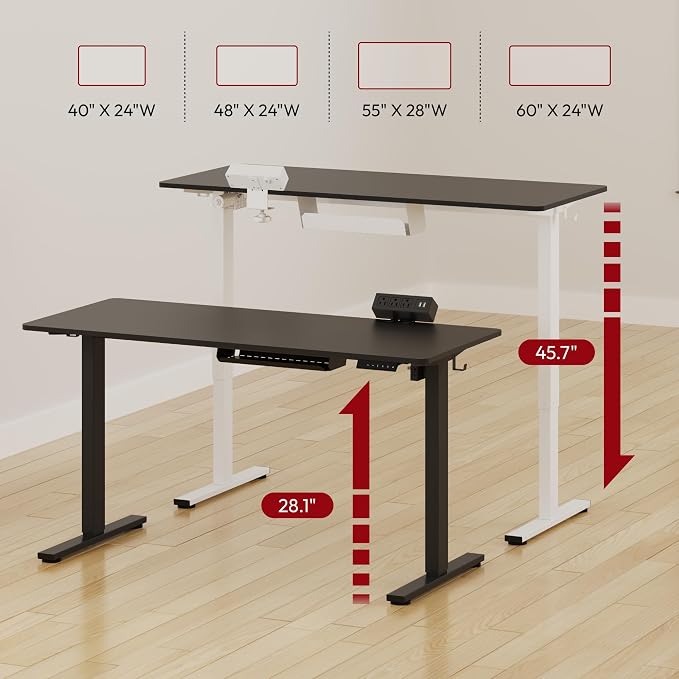 SANODESK Electric Standing Desk with Desk Clamp Power Strip 55"x 28" Whole-Piece Desktop Height Adjustable Stand Up Desk with Cable Management Sit Stand Home Office Desk Black Frame/Black Top