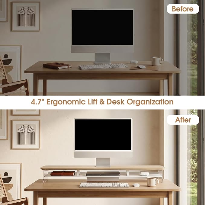 Fenge 42.5" Dual Monitor Stand with Clear Acrylic Legs, Oak | Clear Acrylic, Storage Compartment, 2-tier Home Office Monitor Riser, Wide Large Desktop Shelf Fit Monitor/Laptop/Printer