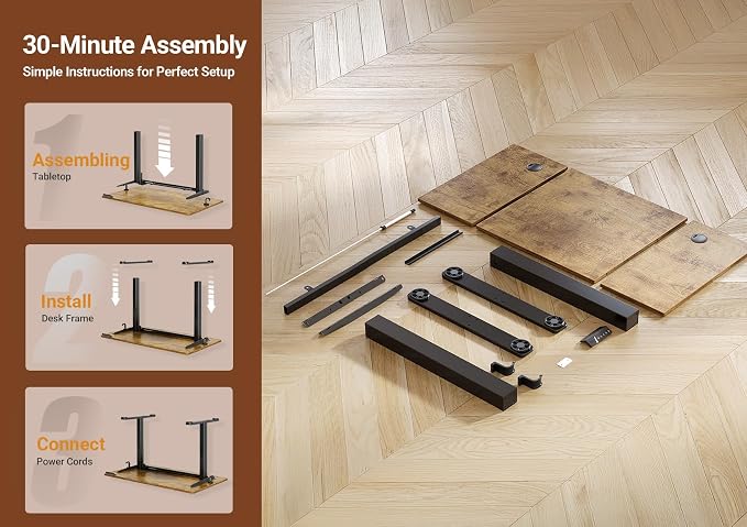 Seang Electric Height Adjustable Standing Desk, 40 x 24 Inch Sit-Stand Workstation with T-Style Frame, 3 Memory Height Options & Built-In Cable Management for Home Office, Black Frame/Rustic Brown Top