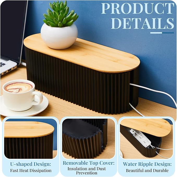 2 Pcs Cable Management Box, Fits Most Power Sockets, 11.8x5.1x4.3 in | Hides Cords & Power Sockets, Bamboo Lid, Beige & Black Options, Includes 48 Accessories, Home Office Desk or Floor Use