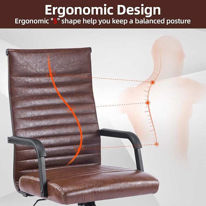 Office Chair, Ergonomic Executive Conference Room Chairs, Ribbed Leather Desk Chair with Lumbar Support, Adjustable Height Mid-Back Swivel Chair with Padded Seat