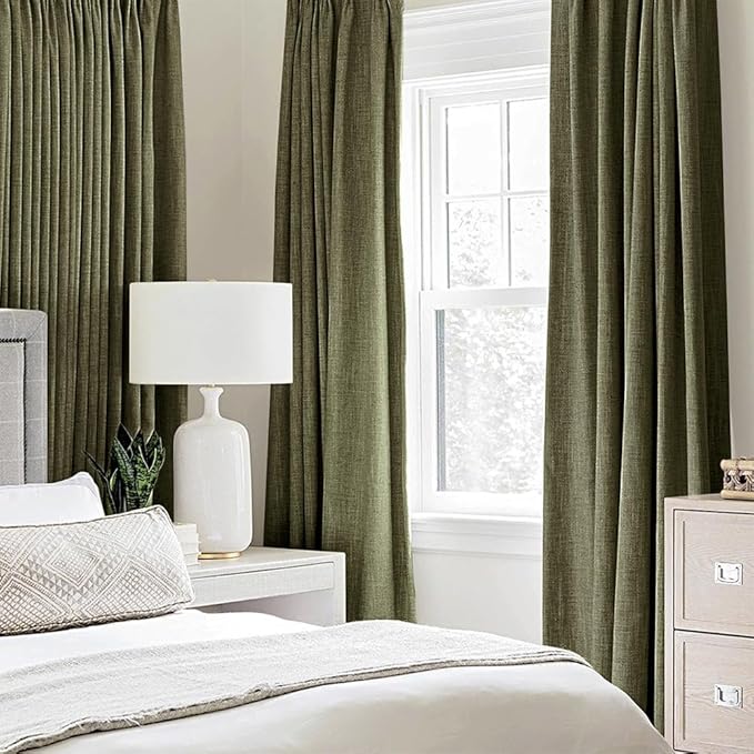 MIULEE Linen Texture Curtains for Bedroom Solid 100% Blackout Thermal Insulated Light Olive Green Curtains Grommet Room Darkening Drapes for Living Room 52x96 Inch (2 Panels)