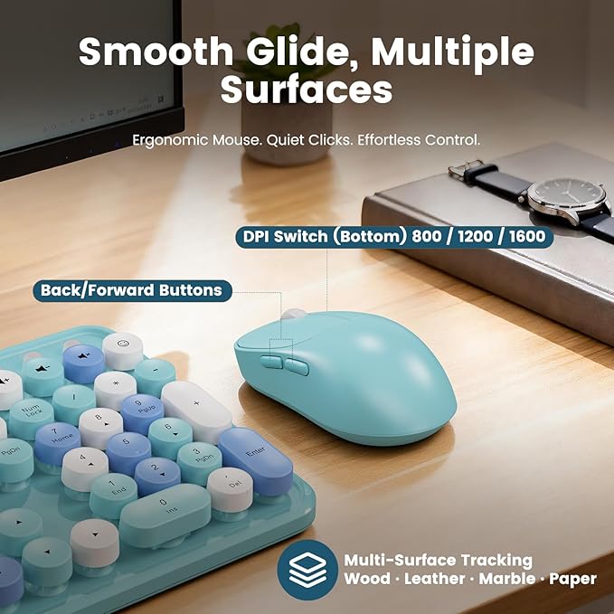 Wireless Keyboard and Mouse Combo, Retro Round Keycaps, Full-Size Stylish Typewriter Keyboard with Phone/Tablet Holder, Ergonomic Mouse with 3-Level DPI, 2.4GHz Connection for Windows/PC (Ice Blue)