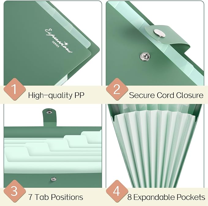 Sooez Elegant Accordion File Organizer with Labels, 8 Pocket Expanding File Folder, Portable Folders for Documents, Cute Paper Organizer for School Office Supplies, Letter Size, Blue
