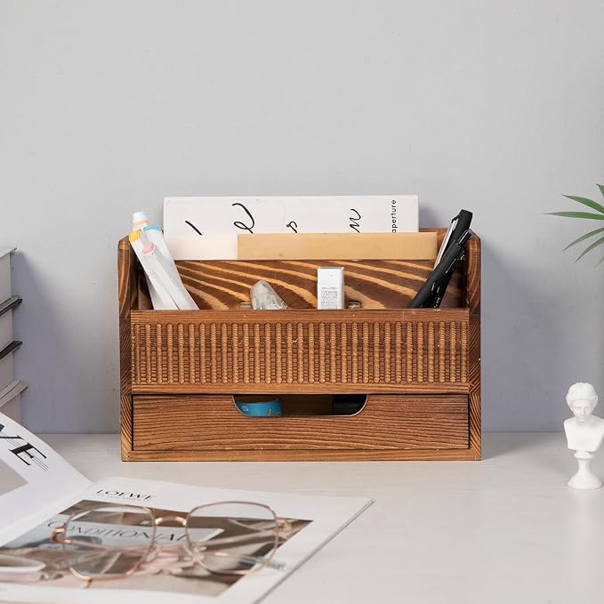 Rustic Brown Wood Desktop Stationery Organizer Mail Sorter Office Supplies Multiple Compartments Bottom Storage Drawer Wooden Caddy Pencil Holder Pen Scissors Tabletop Home Studio Workstation